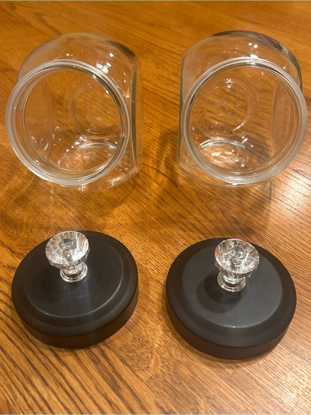 Clear Glass Storage Canister Set with Black metal Lids and Crystal Knobs
